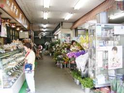 左手前が和菓子、奥が肉屋、右が花屋